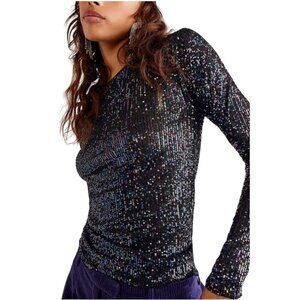 Free People Intimately Free Gold Rush Sequin Long-Sleeve Top In Black Size S
